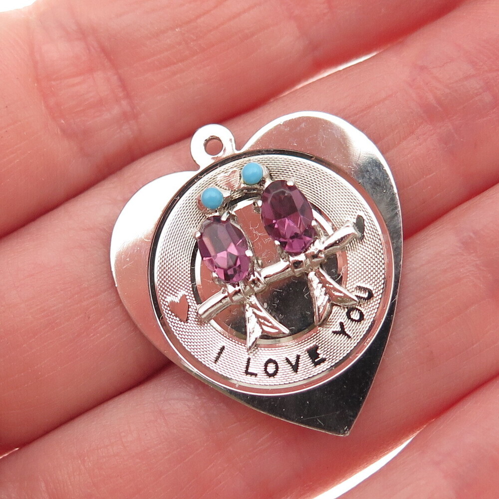 Town & Country 925 Sterling Silver Vintage Rhinestone Birds Heart Charm Pendant